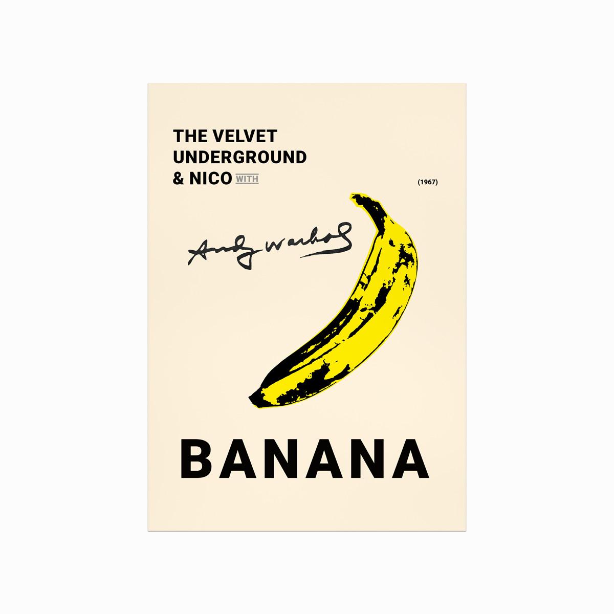 Andy Warhol Banana plakat med gul banan, sort typografi og cremefarvet baggrund