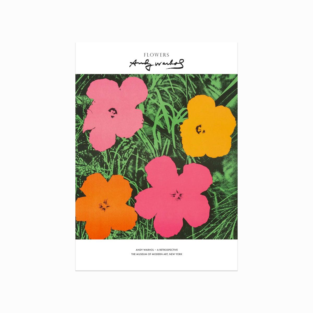 Andy Warhol Flowers plakat med pink og orange blomster mod grøn baggrund