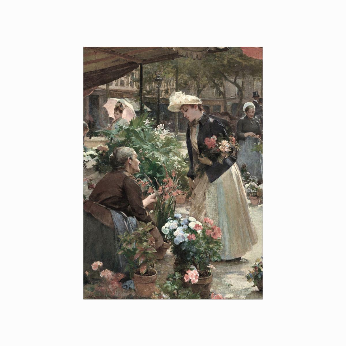 Antik Flower Market plakat med kvinder og blomster på et historisk marked