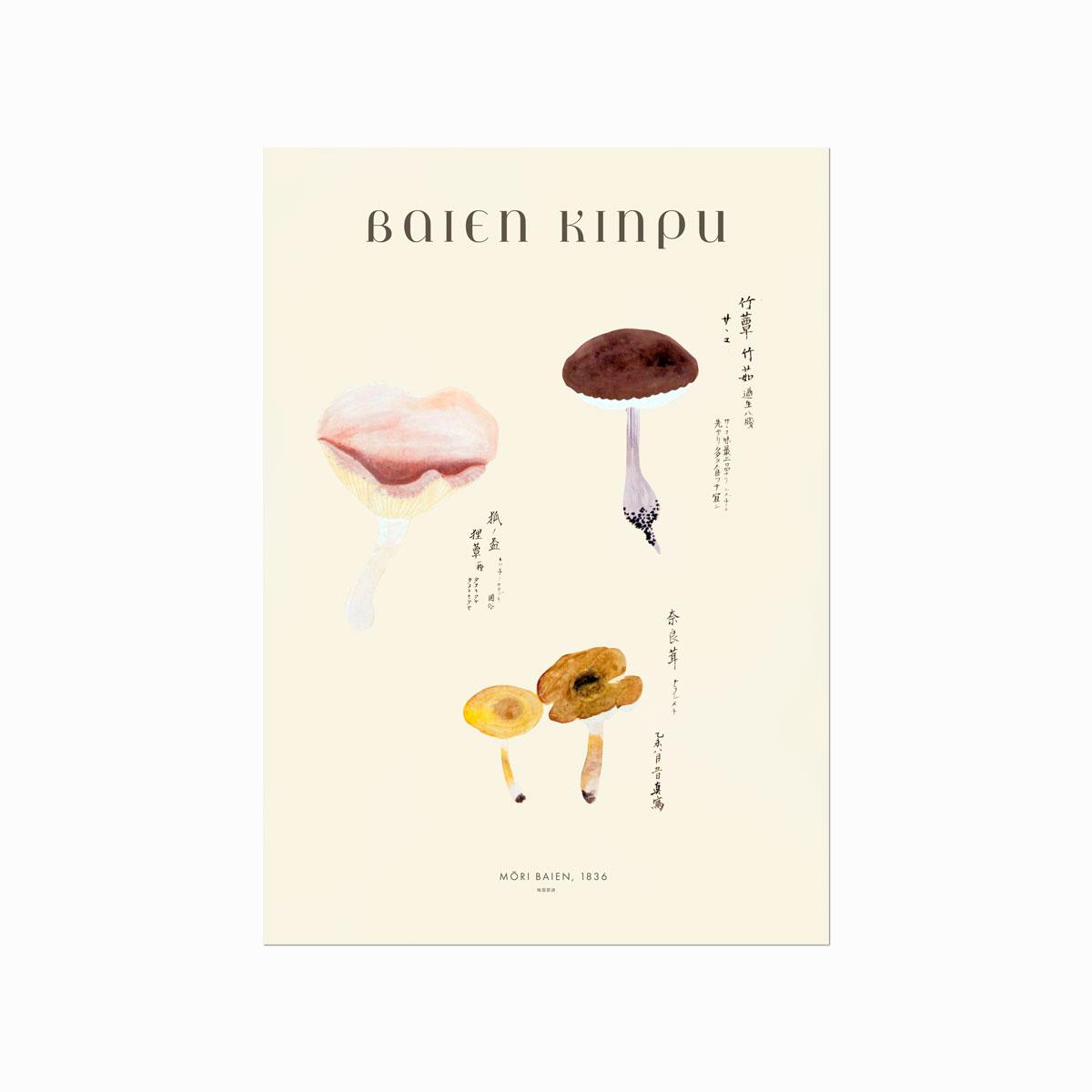 Baien Kinpu 01 plakat med japanske svampeillustrationer og kalligrafi på cremefarvet baggrund