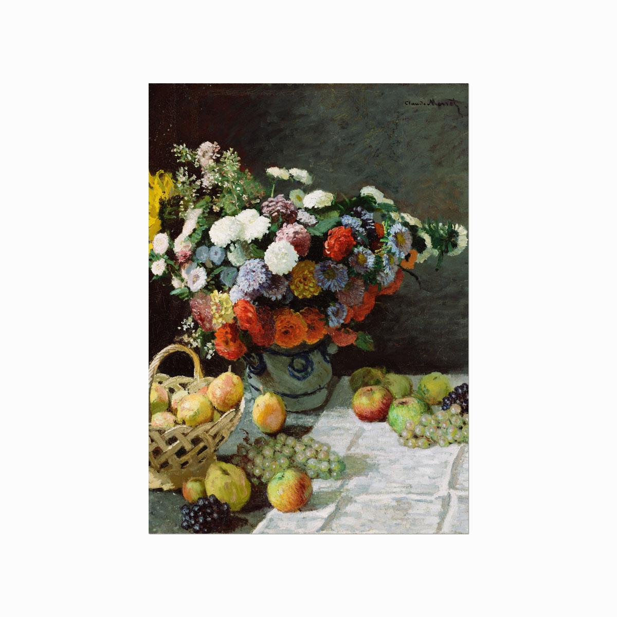 Claude Monet stillebenplakat med farverige blomster, æbler, pærer og druer