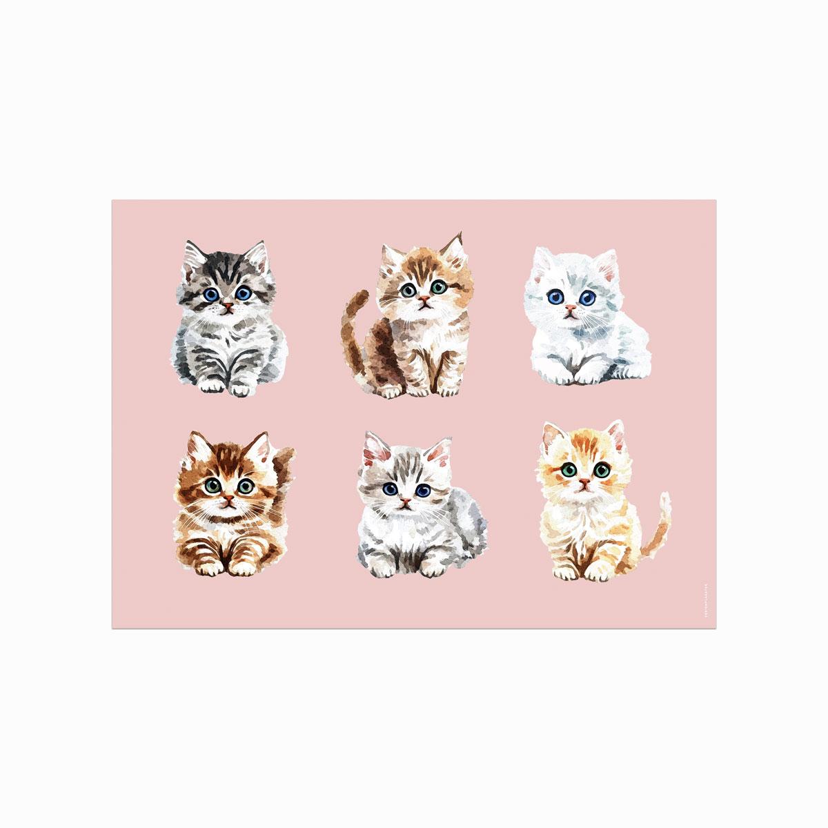 Kitten Parade plakat med seks illustrerede killinger på rosa baggrund