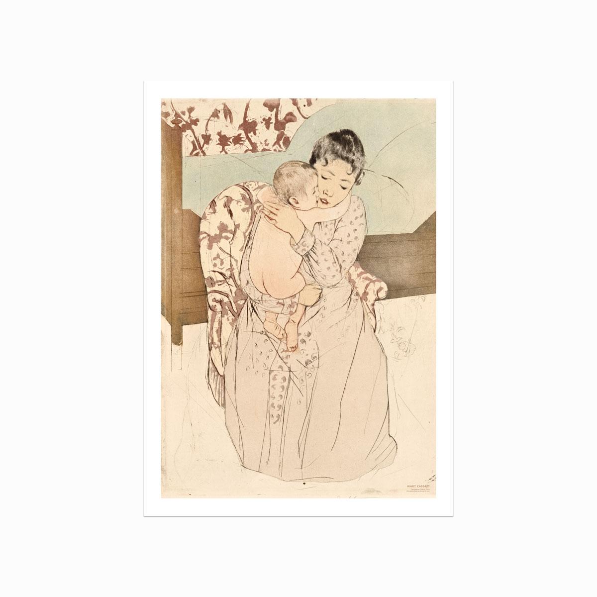 Mary Cassatt Maternal Caress plakat med en voksen, der holder et lille barn