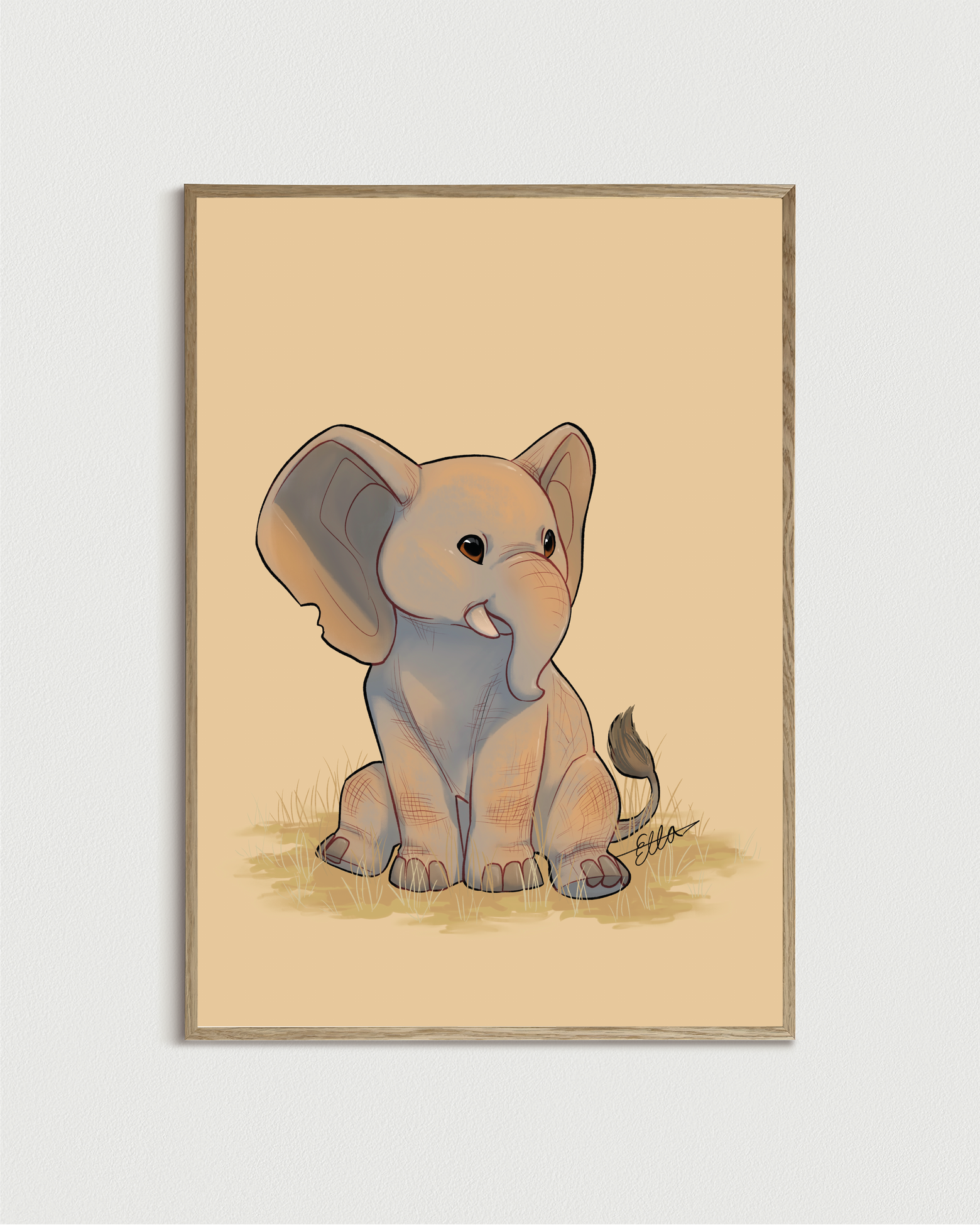 Børneplakat med illustreret elefantunge på varm beige baggrund