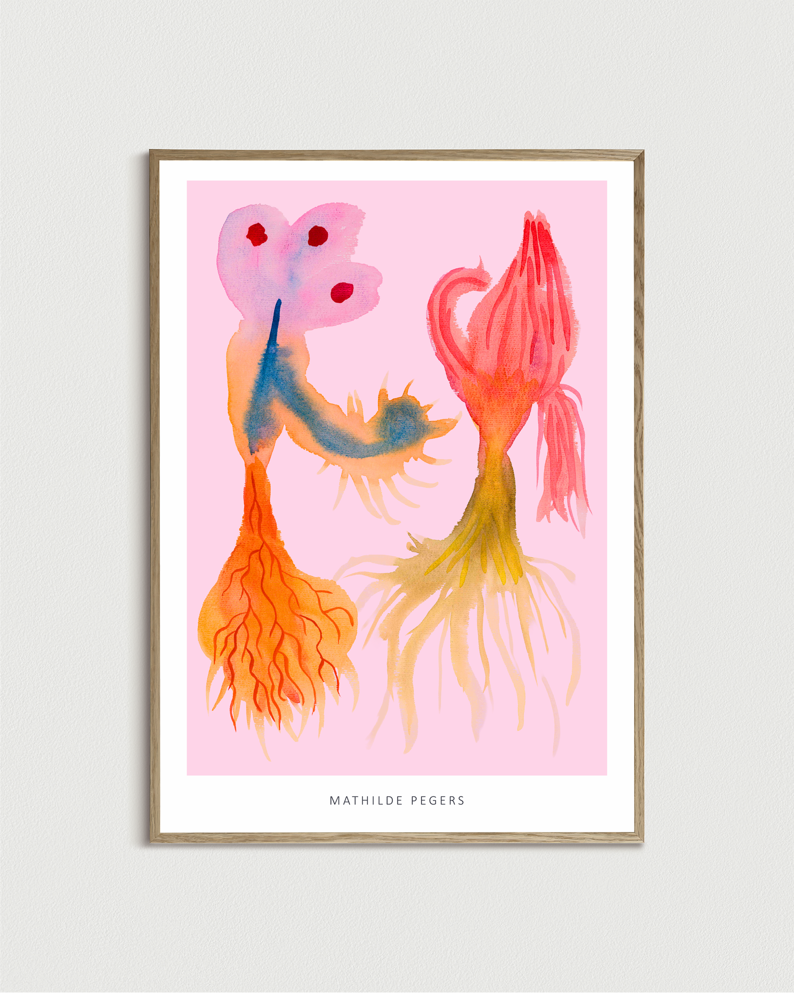 Together kunsttryk med to organiske figurer i pink, rød, orange og blå
