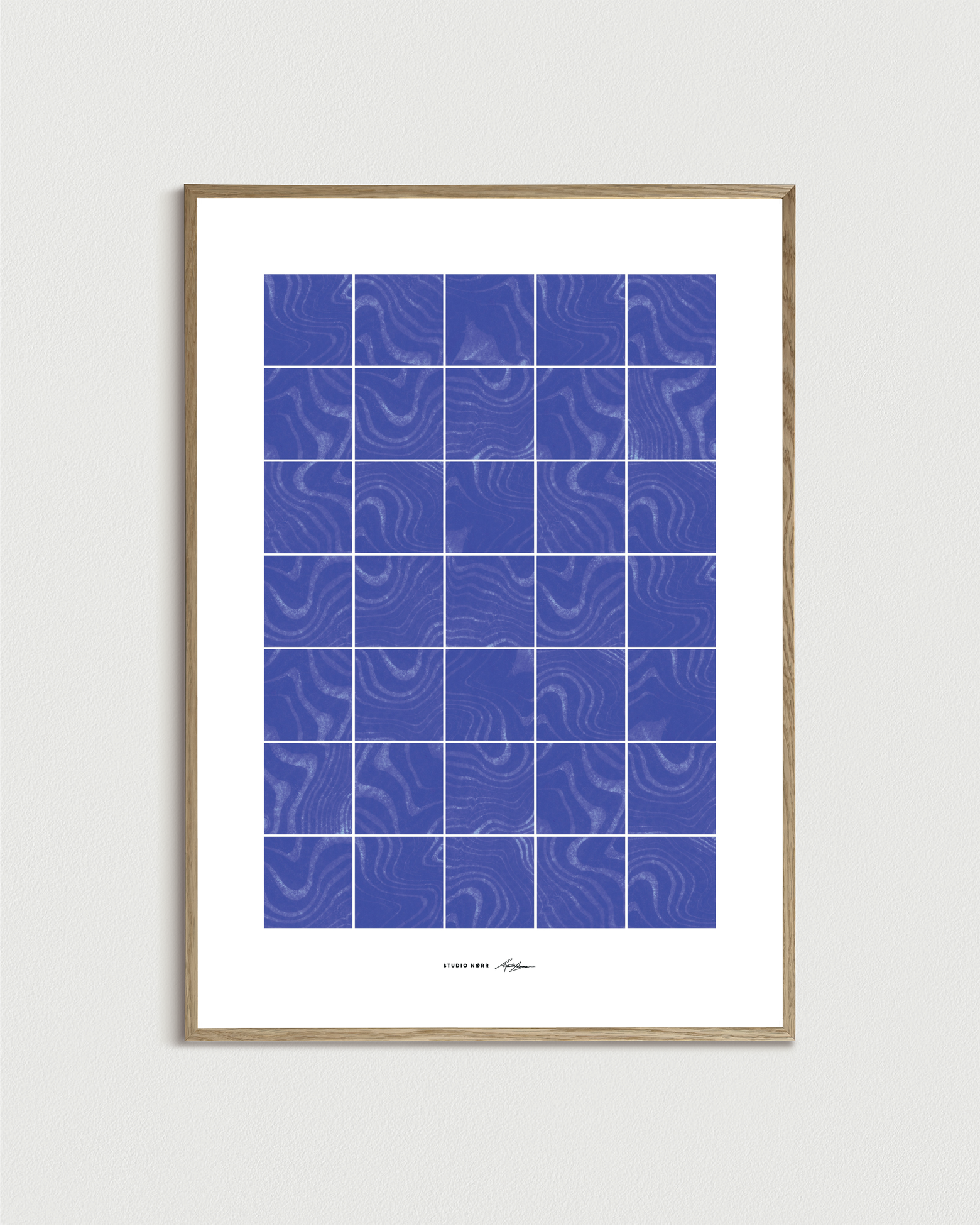 Waves no°1 plakat med gitter af 30 felter i blå suminagashi-mønster