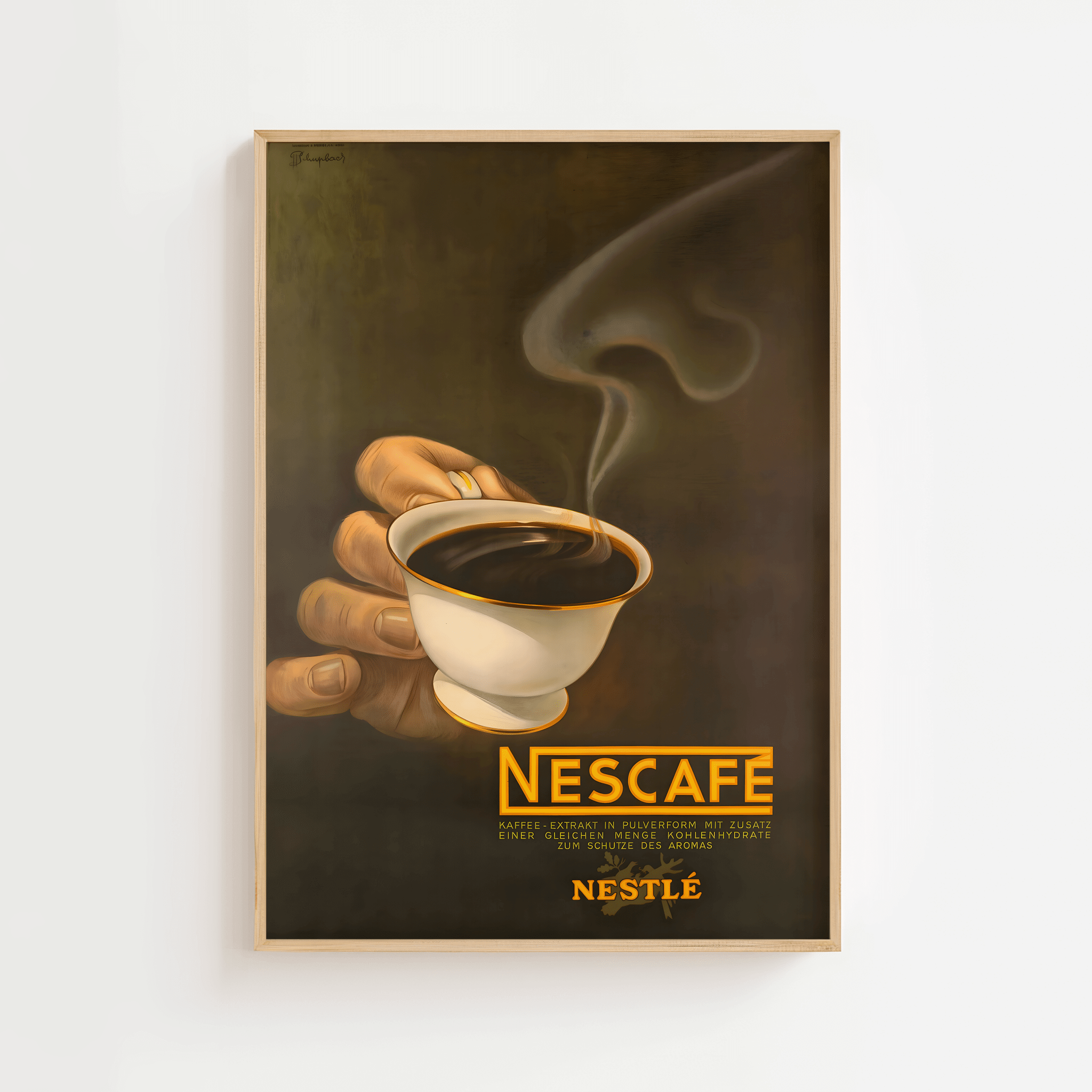 Vintage Nescafé reklameplakat med dampende kaffekop i brune og gyldne toner