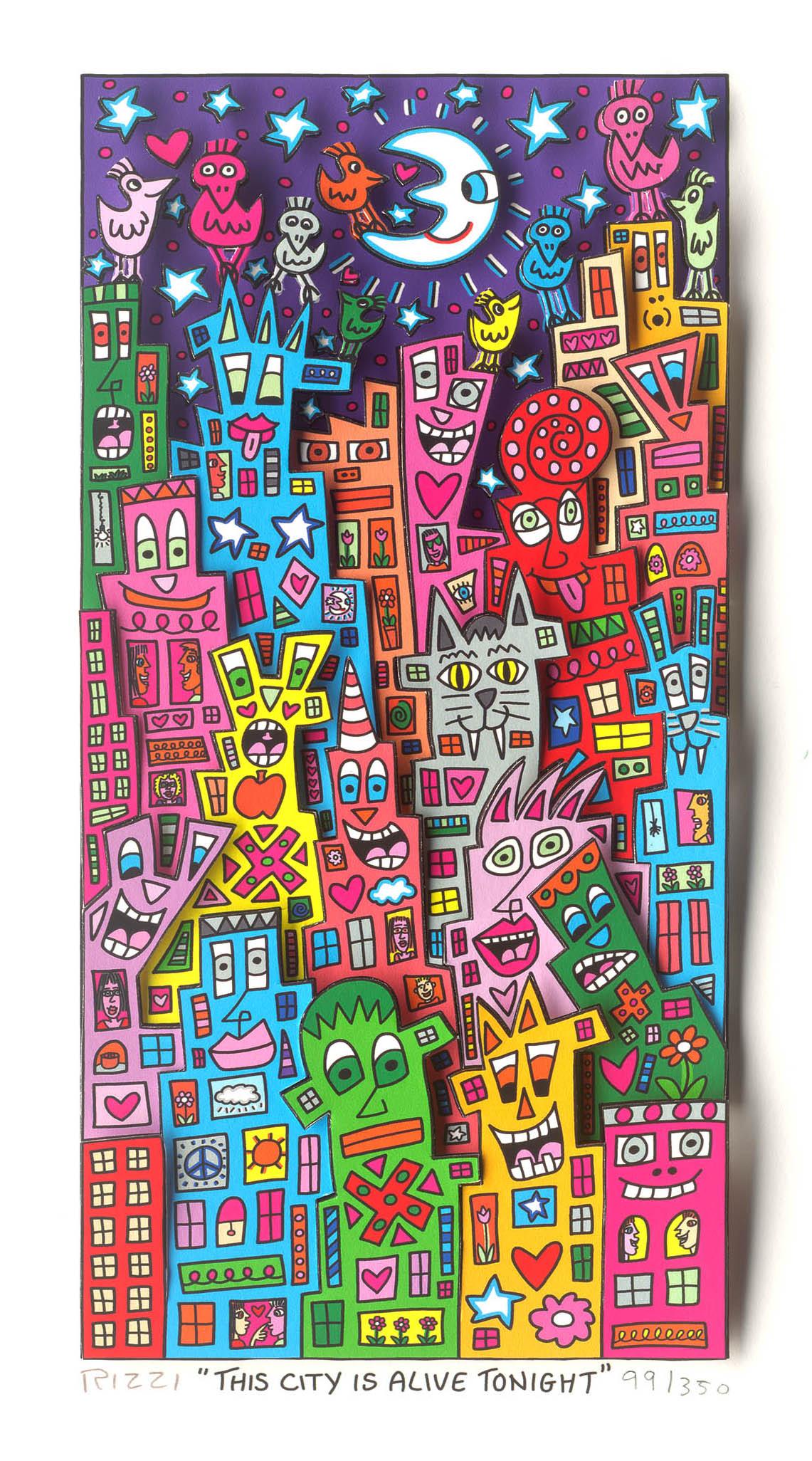 Smalt højformat med farverige huse, fugle og nattehimmel af James Rizzi