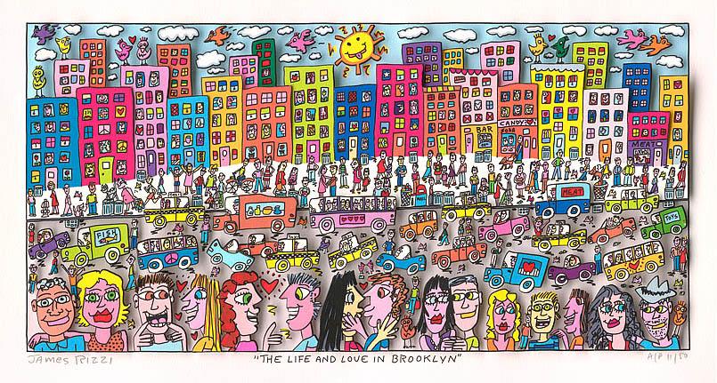 Farverig vandret byscene med mennesker og trafik af James Rizzi