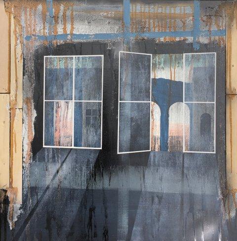Det kvadratiske mixed media-maleri Lyset flytter ind af Peter Eichen