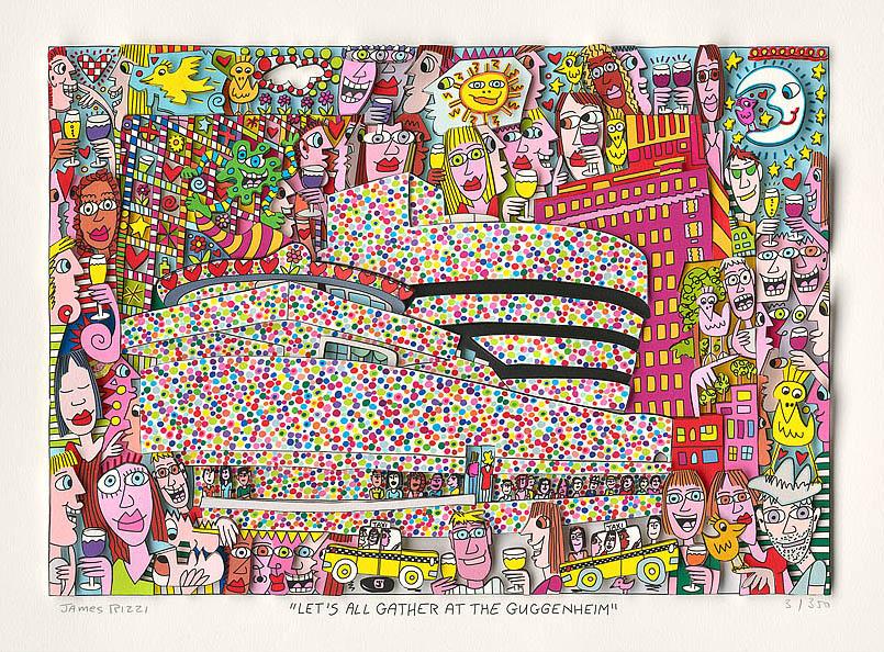 Farverigt Paper cut med Guggenheim-museet og figurer af James Rizzi