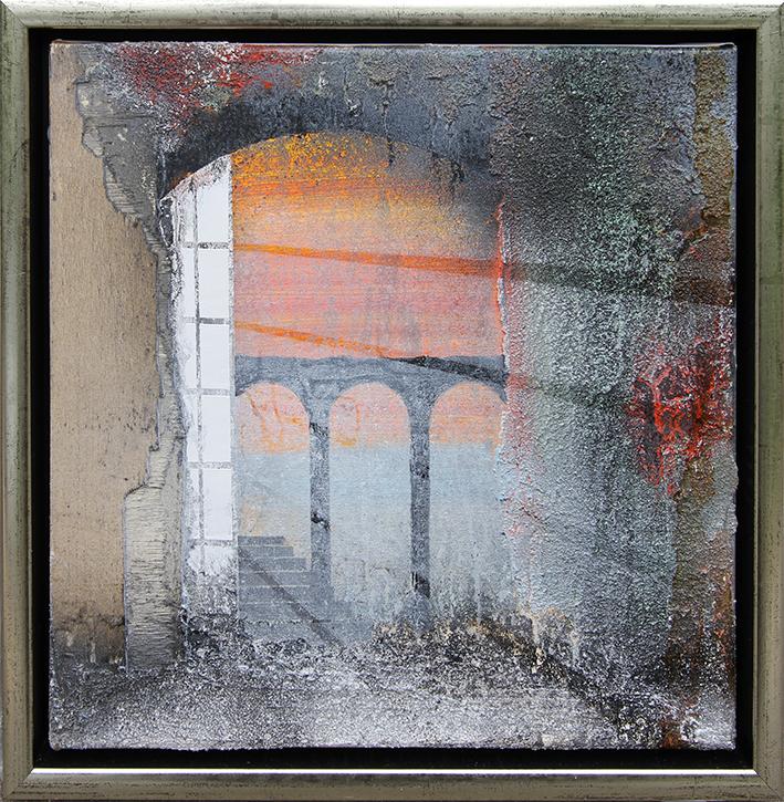 Det lille kvadratiske mixed media-maleri Irret væg af Peter Eichen