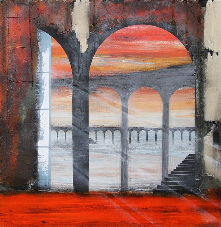 Det store kvadratiske mixed media-maleri Det røde hav af Peter Eichen