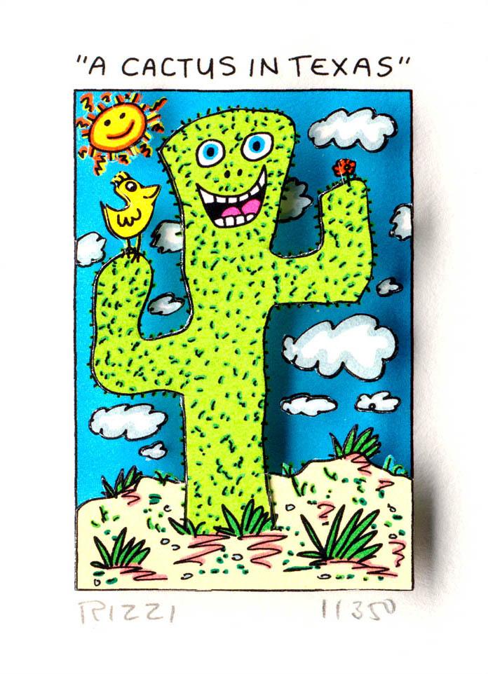 Smalt Paper cut med smilende grøn kaktus og blå himmel af James Rizzi